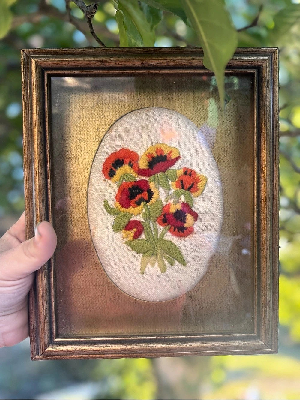 Vintage Framed Floral Crewel Embroidery in shadow box type frame